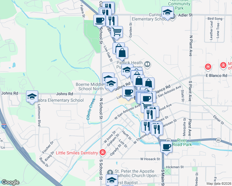 map of restaurants, bars, coffee shops, grocery stores, and more near 238 Lohmann Street in Boerne