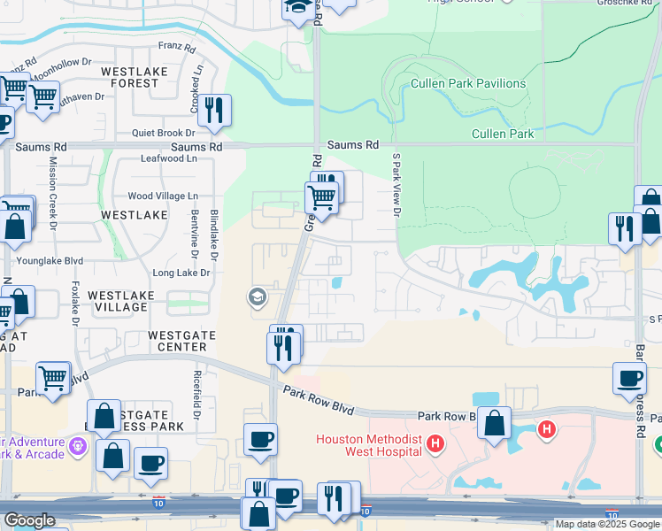 map of restaurants, bars, coffee shops, grocery stores, and more near 2218 Greenhouse Road in Houston
