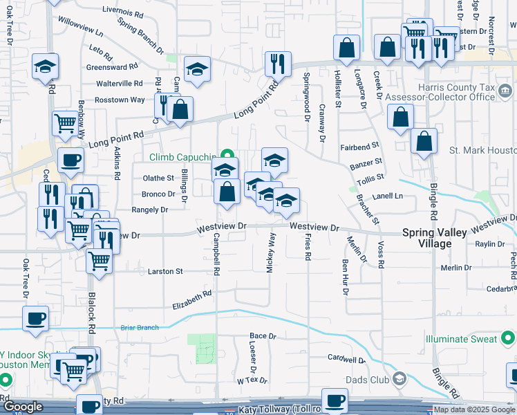 map of restaurants, bars, coffee shops, grocery stores, and more near 9016 Westview Drive in Houston