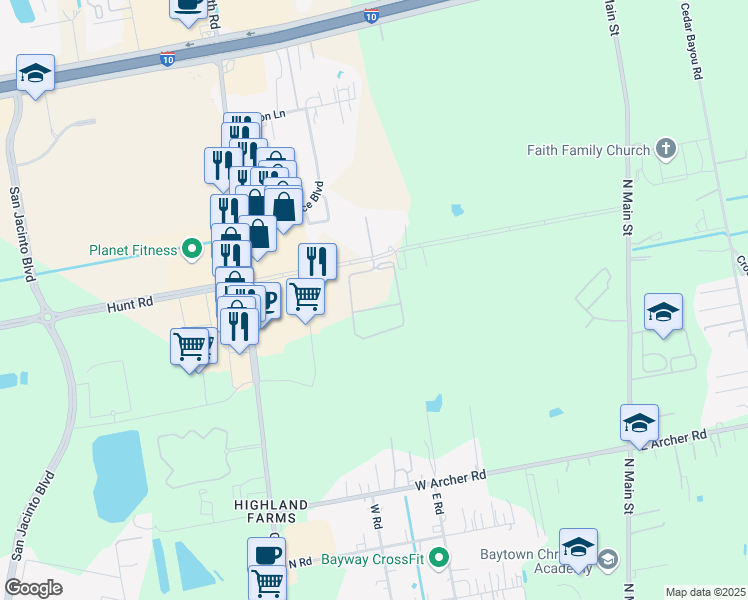map of restaurants, bars, coffee shops, grocery stores, and more near 825 Hunt Road in Baytown