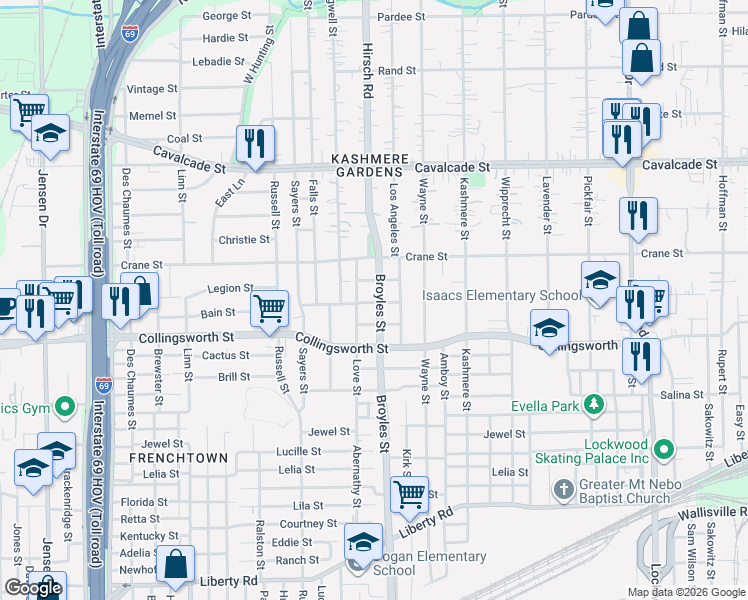 map of restaurants, bars, coffee shops, grocery stores, and more near 3809 Broyles Street in Houston