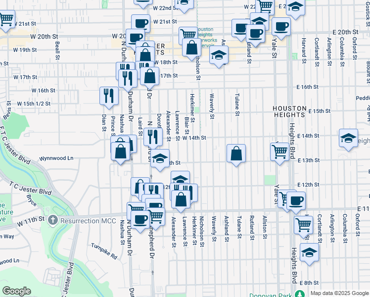 map of restaurants, bars, coffee shops, grocery stores, and more near 908 West 14th Street in Houston