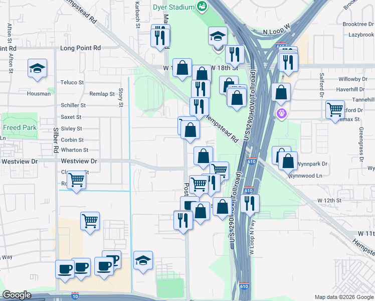 map of restaurants, bars, coffee shops, grocery stores, and more near 1430 North Post Oak Road in Houston