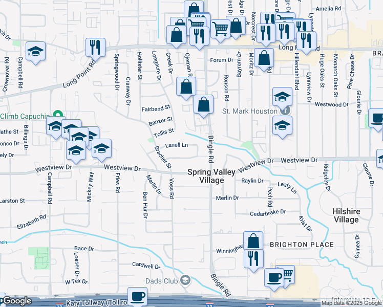 map of restaurants, bars, coffee shops, grocery stores, and more near 8622 Lanell Lane in Houston