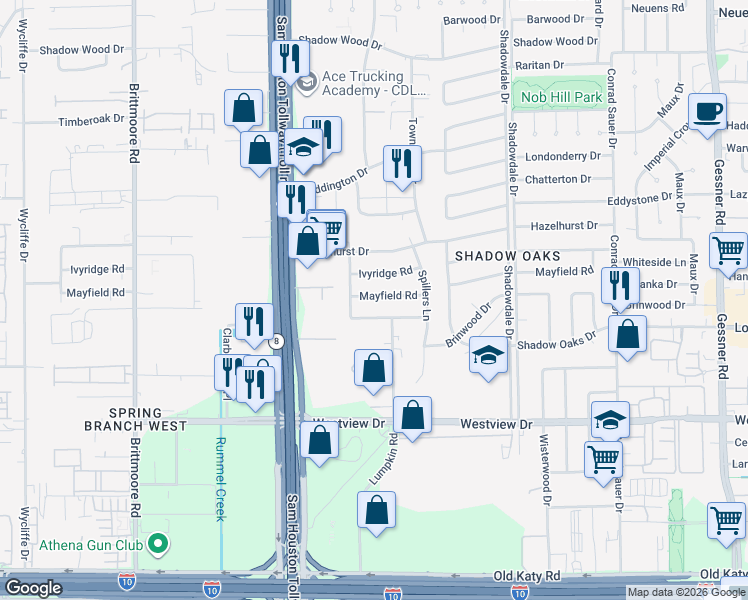 map of restaurants, bars, coffee shops, grocery stores, and more near 10651 Ivyridge Road in Houston