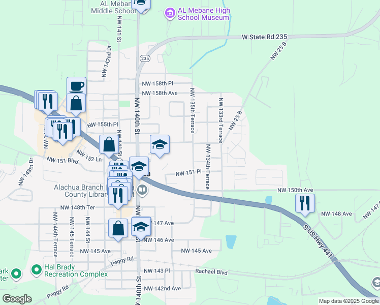 map of restaurants, bars, coffee shops, grocery stores, and more near 15300 Northwest 135th Terrace in Alachua