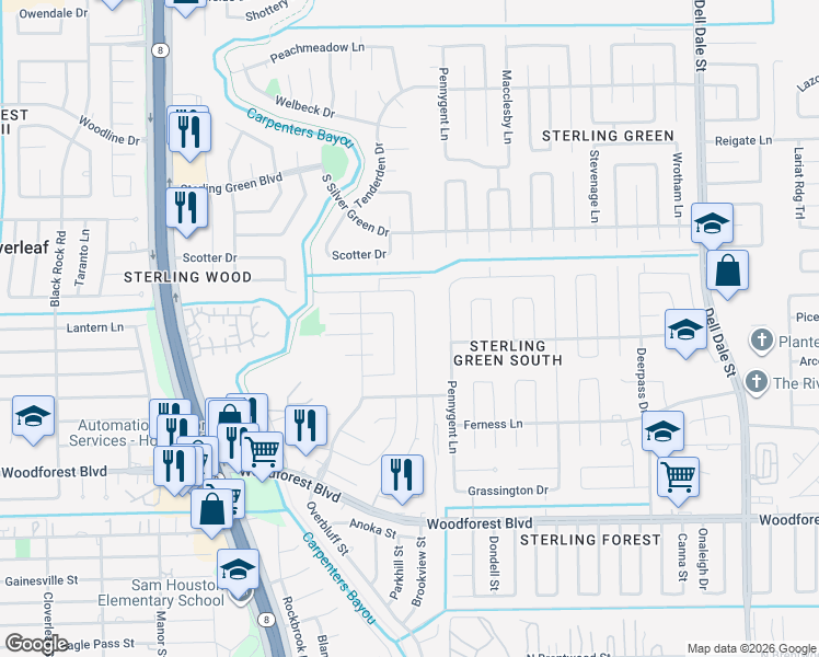 map of restaurants, bars, coffee shops, grocery stores, and more near 1111 Heathfield Drive in Channelview