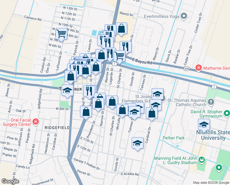 map of restaurants, bars, coffee shops, grocery stores, and more near 401-451 Menard Street in Thibodaux