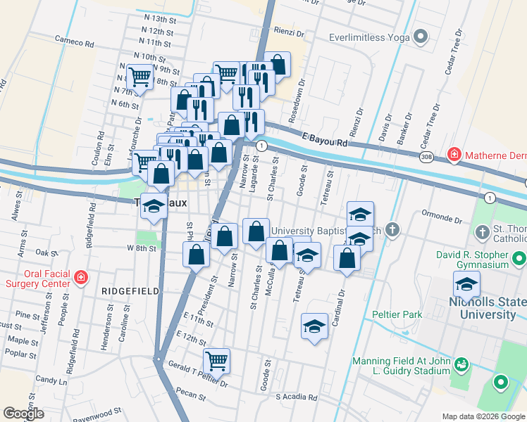 map of restaurants, bars, coffee shops, grocery stores, and more near 401-451 Menard Street in Thibodaux