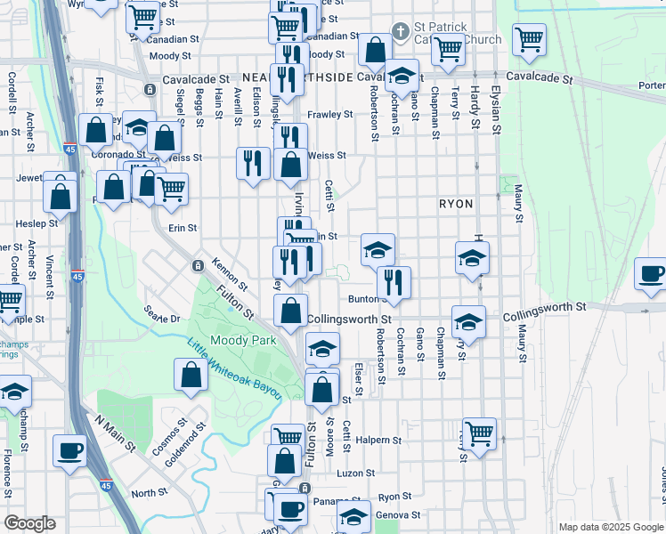 map of restaurants, bars, coffee shops, grocery stores, and more near Cetti Street in Houston