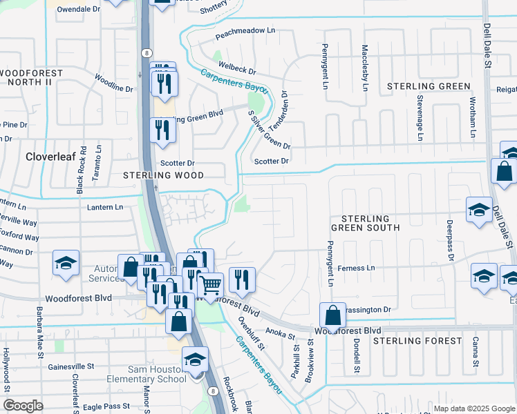 map of restaurants, bars, coffee shops, grocery stores, and more near 14903 Dunster Lane in Channelview