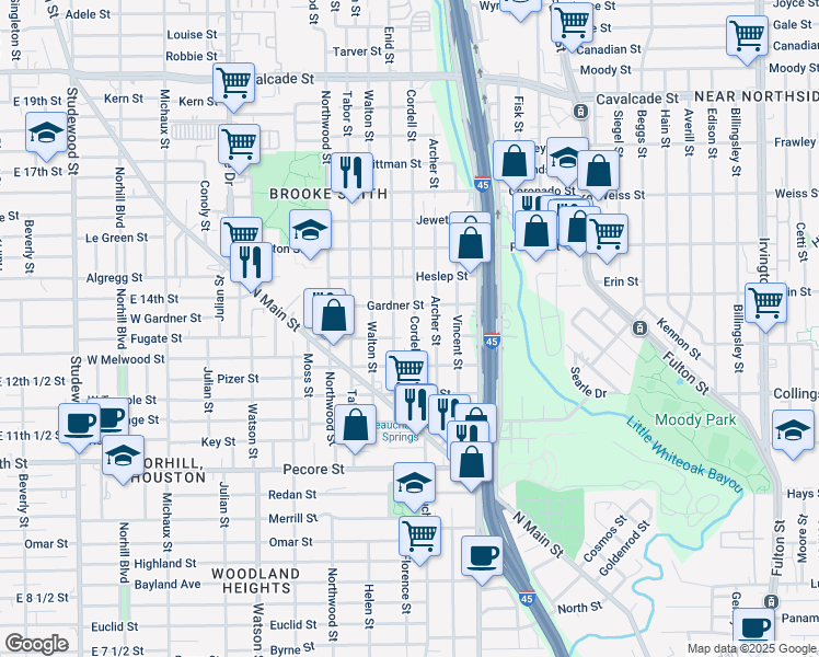 map of restaurants, bars, coffee shops, grocery stores, and more near 506 Cordell Street in Houston