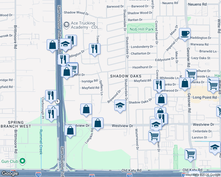 map of restaurants, bars, coffee shops, grocery stores, and more near 10518 Mayfield Road in Houston