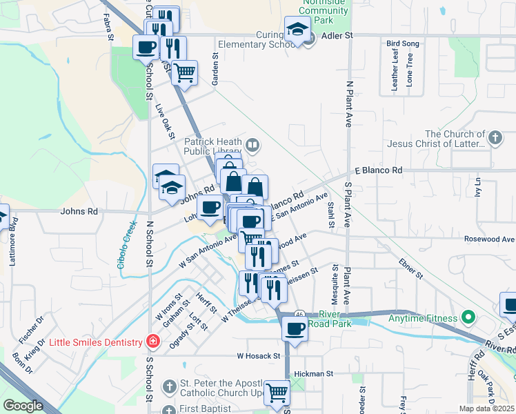 map of restaurants, bars, coffee shops, grocery stores, and more near 101 Ryan Street in Boerne