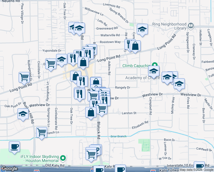 map of restaurants, bars, coffee shops, grocery stores, and more near 1428 Adkins Road in Houston