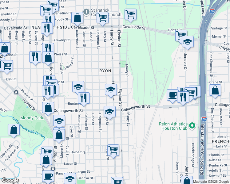 map of restaurants, bars, coffee shops, grocery stores, and more near 3902 Hardy Street in Houston