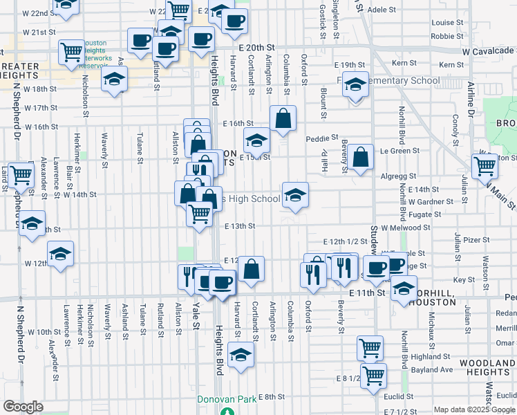 map of restaurants, bars, coffee shops, grocery stores, and more near 1341 Cortlandt Street in Houston