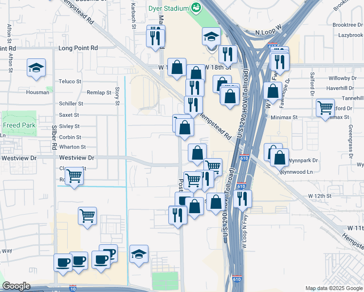 map of restaurants, bars, coffee shops, grocery stores, and more near 1430 North Post Oak Road in Houston