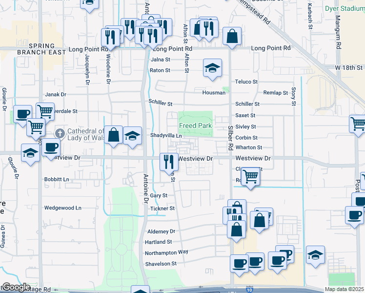 map of restaurants, bars, coffee shops, grocery stores, and more near 7005 Shadyvilla Lane in Houston