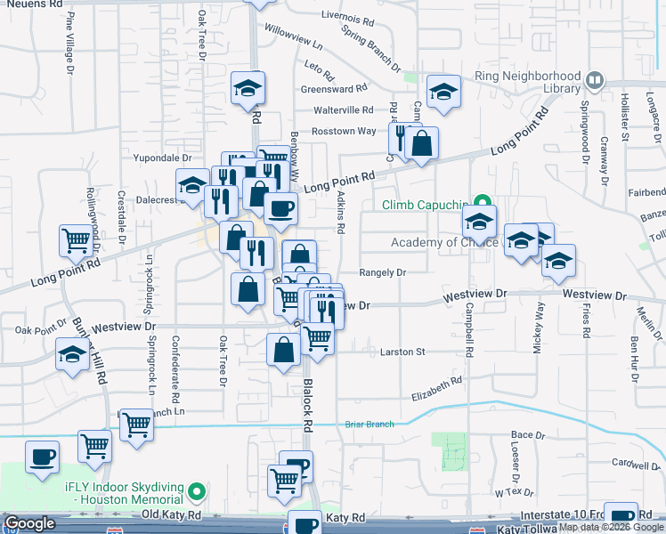 map of restaurants, bars, coffee shops, grocery stores, and more near 1428 Adkins Road in Houston
