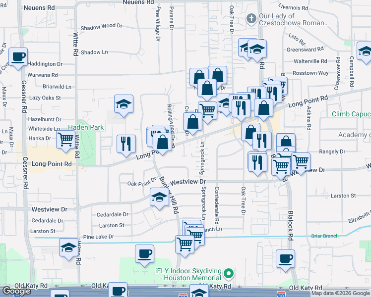 map of restaurants, bars, coffee shops, grocery stores, and more near in Houston
