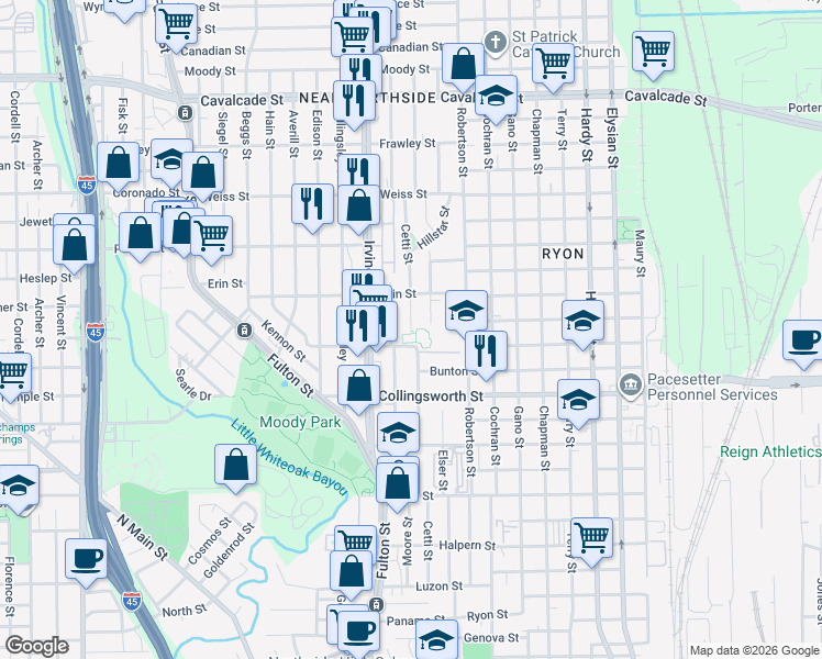 map of restaurants, bars, coffee shops, grocery stores, and more near Cetti Street in Houston