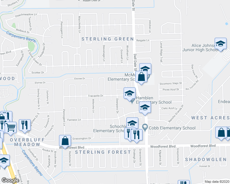 map of restaurants, bars, coffee shops, grocery stores, and more near 1111 Deerpass Drive in Channelview