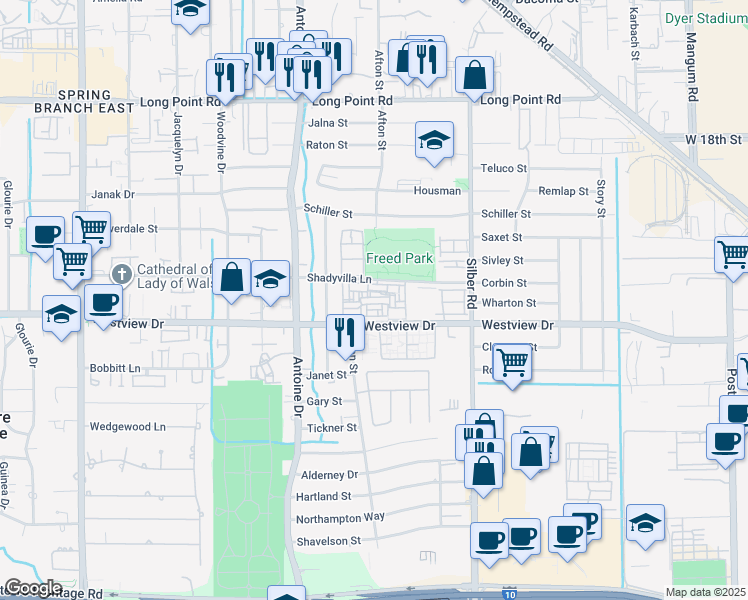 map of restaurants, bars, coffee shops, grocery stores, and more near 7100 Westview Drive in Houston