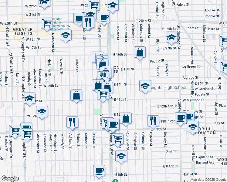 map of restaurants, bars, coffee shops, grocery stores, and more near 116 East 14th Street in Houston