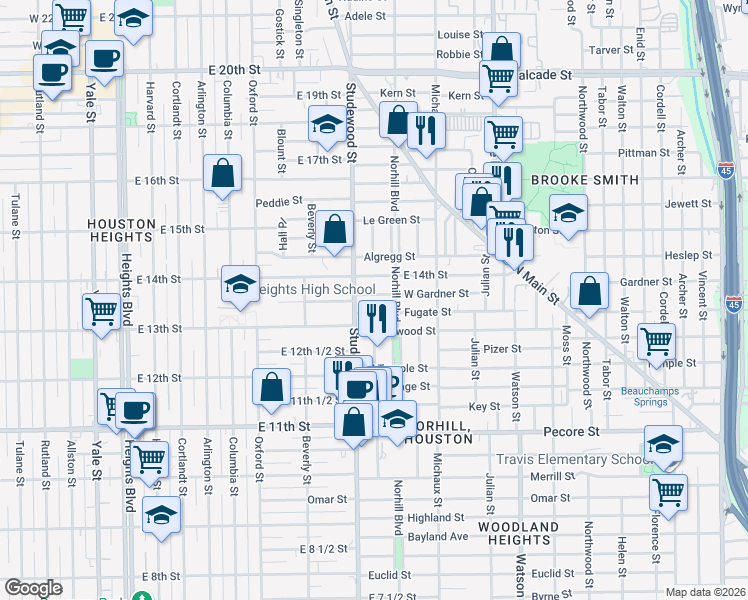 map of restaurants, bars, coffee shops, grocery stores, and more near 1111 West Gardner Street in Houston