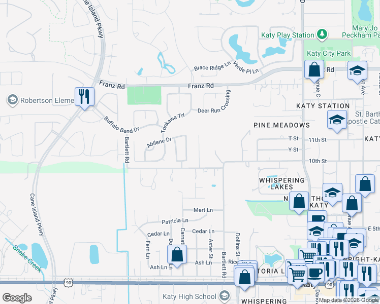 map of restaurants, bars, coffee shops, grocery stores, and more near 1707 Quail Ridge Drive in Katy