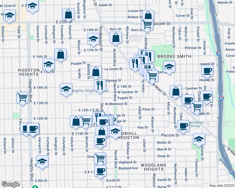 map of restaurants, bars, coffee shops, grocery stores, and more near 1111 West Gardner Street in Houston
