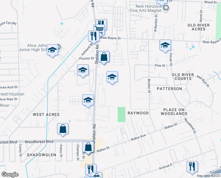 map of restaurants, bars, coffee shops, grocery stores, and more near 1100 Sheldon Road in Channelview