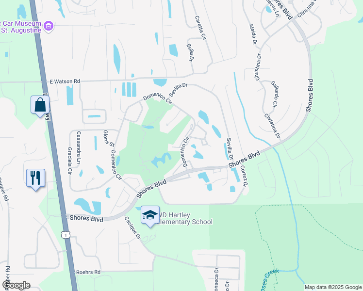 map of restaurants, bars, coffee shops, grocery stores, and more near 105 Augusta Circle in St. Augustine