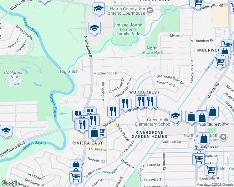 map of restaurants, bars, coffee shops, grocery stores, and more near 263 Wood Loop Street in Houston