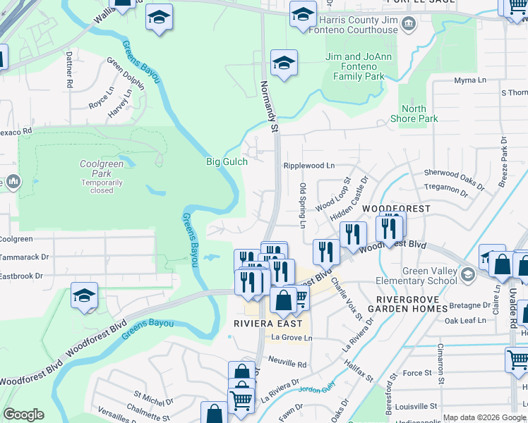 map of restaurants, bars, coffee shops, grocery stores, and more near 223 Wood Circle Lane in Houston
