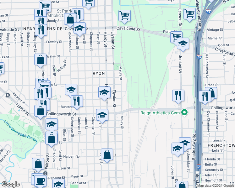 map of restaurants, bars, coffee shops, grocery stores, and more near 3901 Maury Street in Houston
