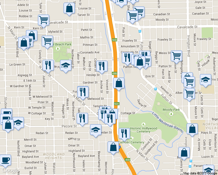 map of restaurants, bars, coffee shops, grocery stores, and more near 513 Vincent Street in Houston