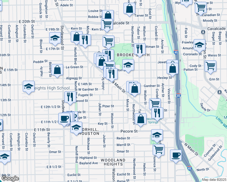 map of restaurants, bars, coffee shops, grocery stores, and more near 4513 North Main Street in Houston