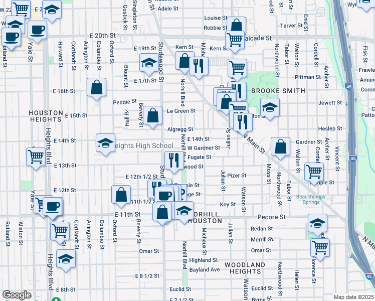map of restaurants, bars, coffee shops, grocery stores, and more near 1111 West Gardner Street in Houston
