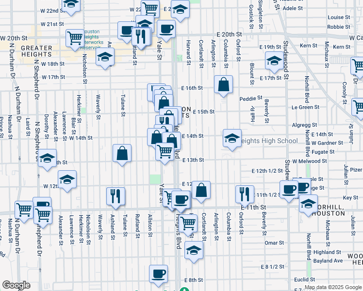 map of restaurants, bars, coffee shops, grocery stores, and more near 116 East 14th Street in Houston