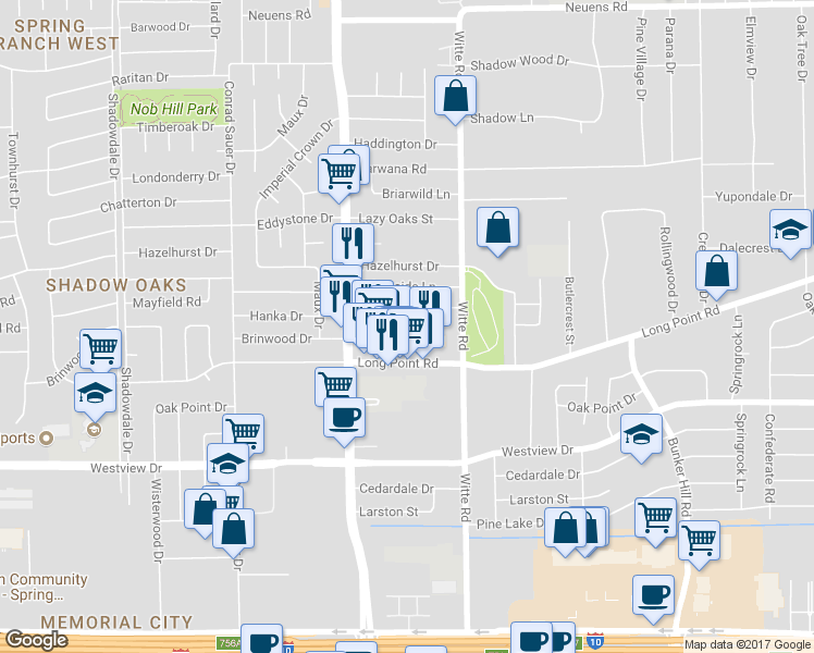 map of restaurants, bars, coffee shops, grocery stores, and more near 1422 Southwick Street in Houston