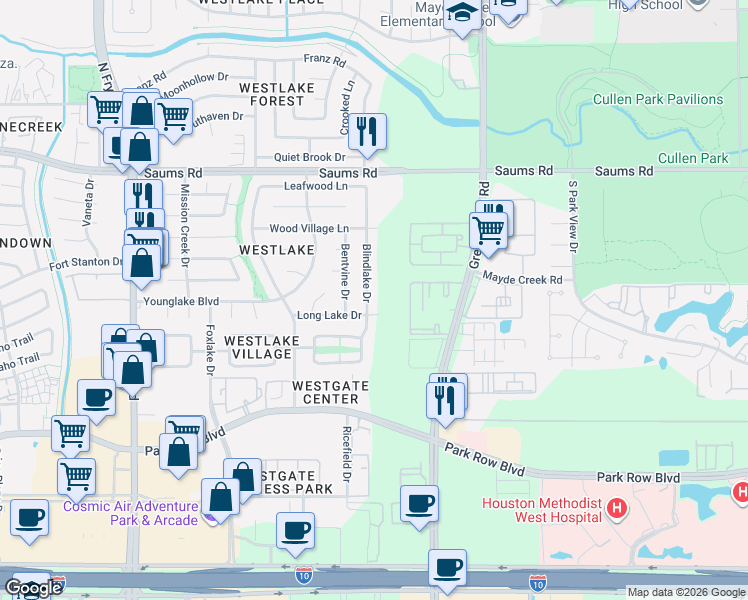map of restaurants, bars, coffee shops, grocery stores, and more near 2002 Blindlake Drive in Houston