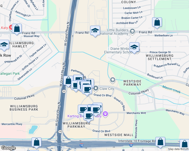 map of restaurants, bars, coffee shops, grocery stores, and more near 1502 Perth Meadows Court in Katy