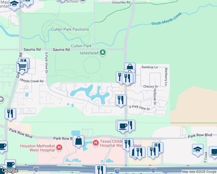 map of restaurants, bars, coffee shops, grocery stores, and more near 1895 Barker Cypress Road in Houston