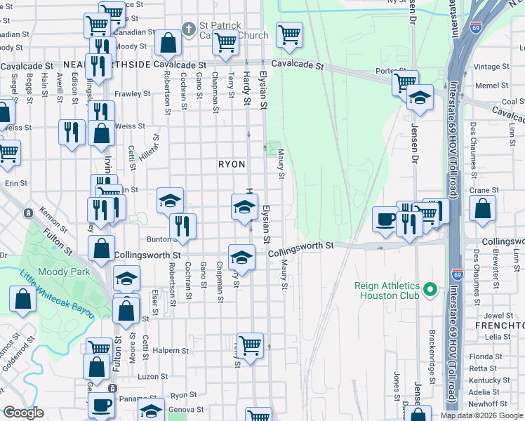 map of restaurants, bars, coffee shops, grocery stores, and more near 3902 Hardy Street in Houston