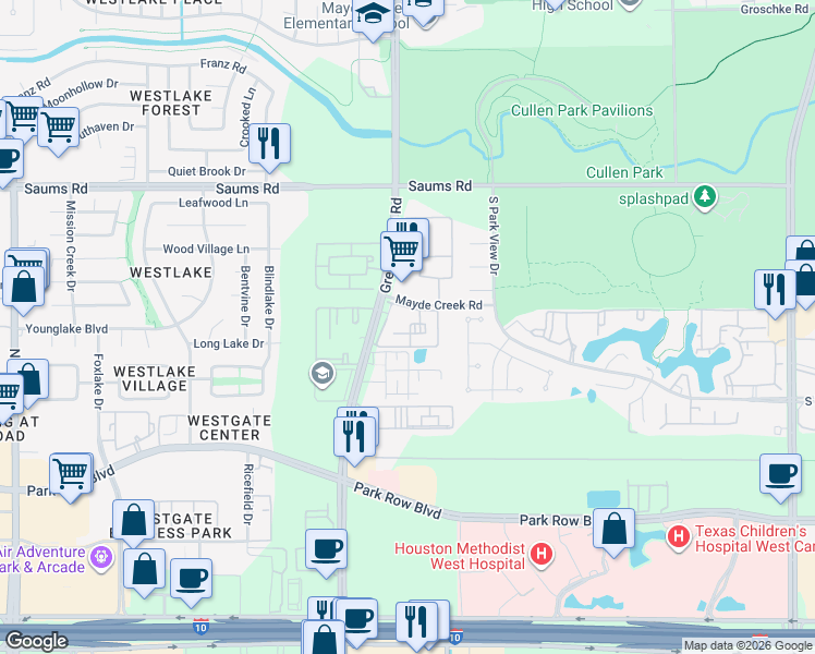 map of restaurants, bars, coffee shops, grocery stores, and more near 18920 Mayde Creek Road in Houston