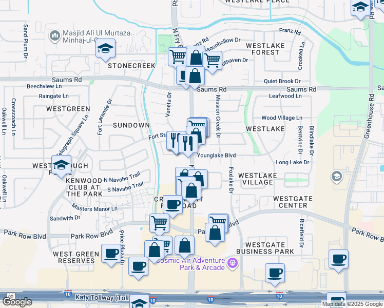 map of restaurants, bars, coffee shops, grocery stores, and more near 2003 North Fry Road in Katy