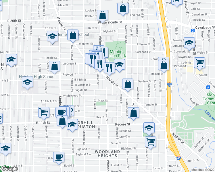 map of restaurants, bars, coffee shops, grocery stores, and more near 4513 North Main Street in Houston