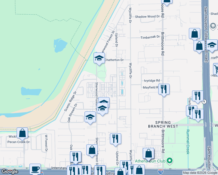 map of restaurants, bars, coffee shops, grocery stores, and more near 1701 Upland Drive in Houston